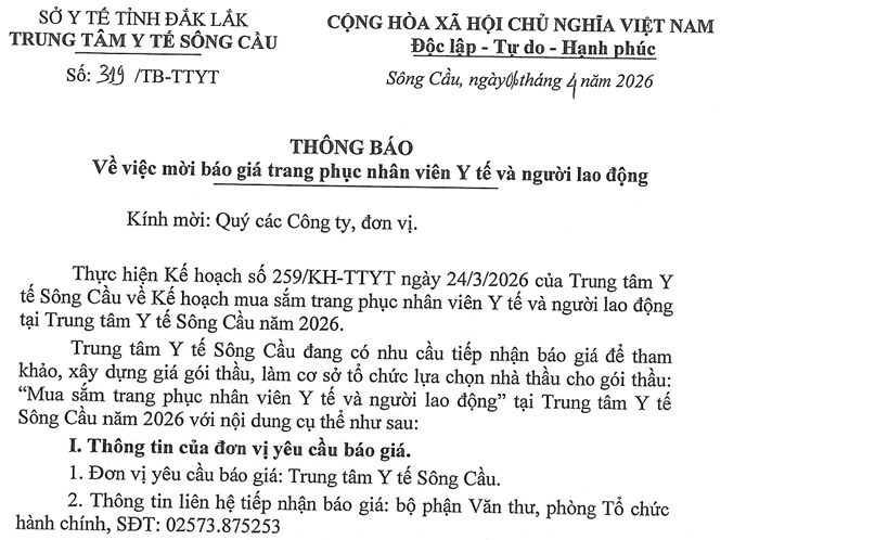 Thông báo mời báo giá trang phục nhân viên Y tế và người lao động